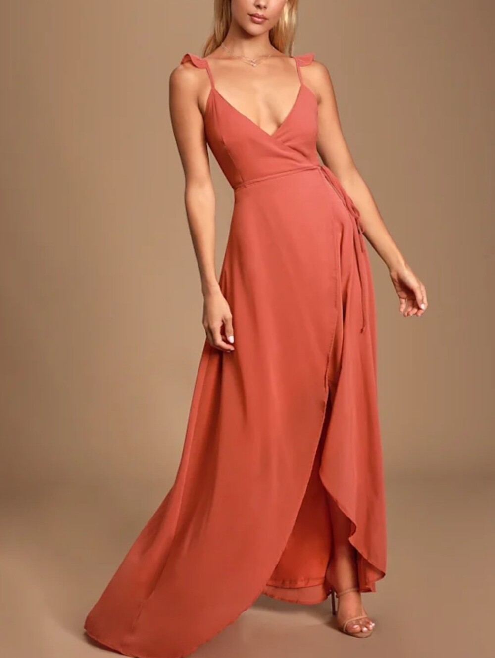 Lulus Here's to Us High-Low Wrap Dress Dusty Rose Maxi Formal Ruffle Straps LG